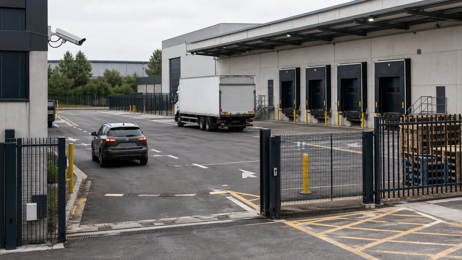 Vehicle entering an industrial property monitored by a security camera